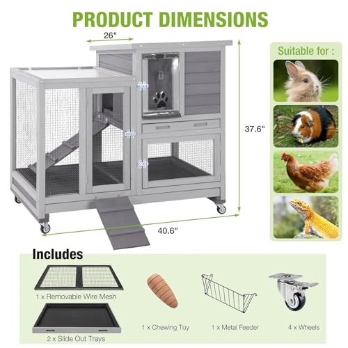 Indoor Rabbit Bunny Hutch Outdoor, Guinea Pig Cages with Removable Bottom Wire Netting - Easy Clean - size: 40.6"L x 26.0"W x 37.6"H
