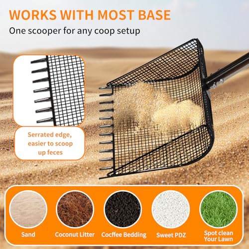 Chicken Poop Scooper & Rake 2-in-1 Metal Coop Shovel,Adjustable Stainless Steel Handle,Cleaning Tools for Chicken Coops & Farm Animals Scoop for Litter Scooper Sand Sifting Shovel Chicken Coops