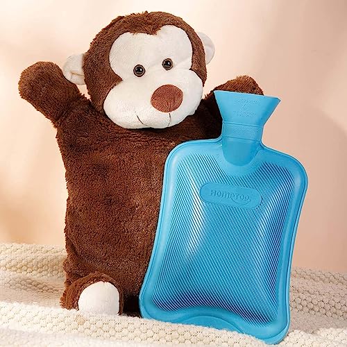 HomeTop Premium Classic Rubber Hot Water Bottle with Triceratops Cover | Natural rubber hot water bottle,Long-lasting heat retention,Snuggly all-night warmth - color: Blue/Monkey