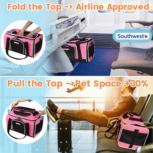 Top-Expandable Small Pet Carrier 18"x13"x9.5" Airline Approved | for Southwest Airlines, Lockable Safety Zippers and Anti-Scratch Mesh, Soft-Sided, Pets Under 10 Lbs, Pink - color: Pink, size: 18.0"L x 13.0"W x 9.5"H