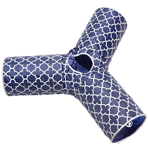 Cat Tunnel - Collapsible 3 Way Quatrefoil Play Toy - Tube Fun for Rabbits, Kittens, and Dogs - Quatrefoil Navy/White - color: Navy/White