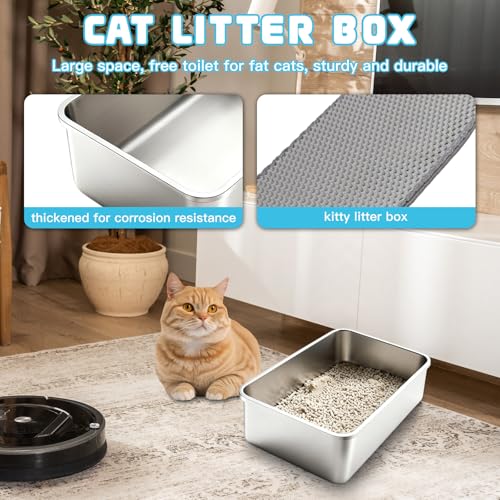 Large Stainless Steel Cat Litter Box, High Sides No-Splash,1 Pack | Easy Clean Non-Stick Pan For Adult Cats or Kitty/Kitten, Rust-Proof, No Smell, Easy to Clean