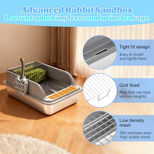 Stainless Steel Rabbit Litter Box w Hay Feeder and Litter Scoop, 23.62 x 15.75 x 7.9 Inch Large Litterboxes w Raised Grid, High Sided Kiter (XX-Large) - size: XX-Large
