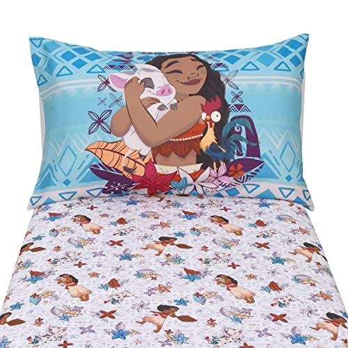 Disney Moana Free as the Ocean Aqua, Purple, Orange, and White Tropical 2 Piece Toddler Sheet Set - Fitted Bottom Sheet and Reversible Pillowcase - color: Moana - Free as the Ocean