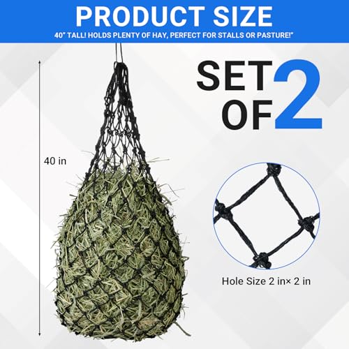 2-Pack Heavy Duty Hay Bags, Slow Feeder for Horses & Goats with 2-Inch Holes, Adjustable Drawstring Hay Net to Reduce Waste & Improve Digestion for Stall, Trailer, Pasture