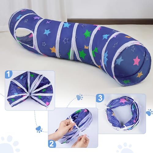 Glittme S-Shape Cat Tunnel, Foldable Cat Tunnels for Indoor Cats | Interactive Bunny Tunnel And Cat Tubes With Crinkle Sounds. Ideal For Kittens, Ferrets And Small Pets To Hide, Play Or Rest - color: Blue with colorful stars