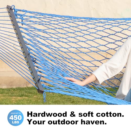 GAFETE Single Rope Hammocks for Outside, Traditional Hand Woven Cotton Hammock with Hardwood Spreader Bar, Max 450 lbs Capacity (Lake Aqua, Small) - color: Lake Aqua, size: Small