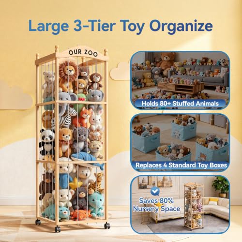 Stuffed Animal Storage Zoo Tower, Large Capacity Wooden Stuffed Animal Holder with Wheels, Space-Saving Toy Storage Organizer, Stuffy Plushies Storage for Nursery, Playroom & Bedroom