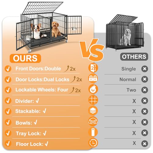 Homey Pet 43 inch Dog Crate Stackable Heavy Duty Dog Kennel Indoor, 2 Tiers | Dog Grooming Cage with Dual Front Doors, Auto Locks, Removable Grid & Tray, Wheels, Bowls, Ideal for Small and Medium Dogs - size: 43.0"L - 2 Tiers - 1P