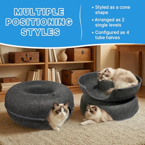 2-Level Detachable Large Cat Tunnel Bed for Indoor Cats, Scratch-Resistant Felt Donut Cat Cave, Supports Up to 30 lbs, Peekaboo Cat Tube (Dark Grey, L 24 x 24 x 22 in)