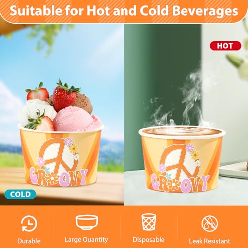 120Pcs 12oz Groovy Ice Cream Cups for Hot or Cold Food | Retro Hippie Boho Dessert Bowls Disposable Daisy Flower Sun Large Snack Cups for Baby Bridal Shower One Birthday Party Favor - style: Hippie Dessert Cup