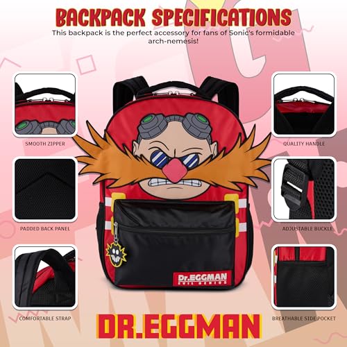 AI ACCESSORY INNOVATIONS Sonic The Hedgehog Backpack for Boys & Girls, Dr. Eggman Big Face 16 Inch Schoolbag with Dr. Eggman Rubber Molded Dangle - style: Dr. Eggman