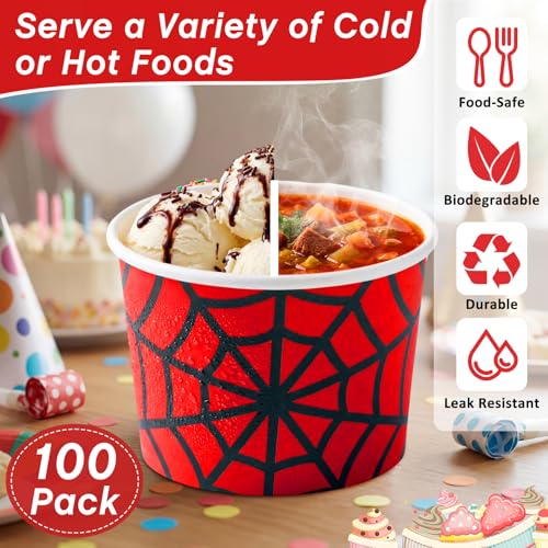 Jingmore 100 Pcs Ice Cream Paper Cups Bulk 8 oz Disposable Dessert Bowls for Hot or Cold Food Snack Treats Gift for Birthday Summer Party Favor Decoration(Red Spider) - style: Red Spider
