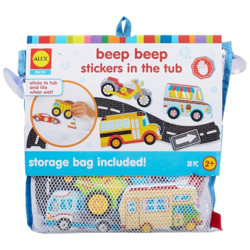 Alex Toys Foam Bath Stickers for Toddlers, 38-Piece Vehicle Tub Stickers Stick to Tub Wall - Foam Bath Toys for Kids Ages 1-3 Toddler Bath Toys for Boys Cars Trucks Bus, Mesh Storage Bag - style: BEEP BEEP