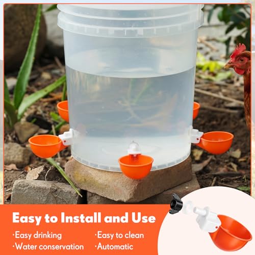 LemonRoad 30 Set Automatic Chicken Waterer Cups with 1/2" PVC Tee Fitting Chicken Drinking Bowl, Poultry Drinker Mounting Hole Opener,Water Dispenser Feeder for Duck, Goose, Turkey, Pigeon(Orange) - color: Orange