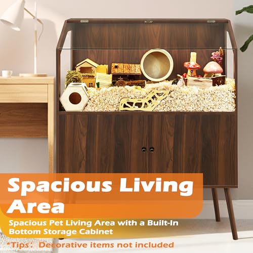 PROLEE Hamster Cage with Storage Cabinet,Large Hamster Encloure Chew Proof Wood,Clear View Hamster Habitat for Guinea Pig, Ferret, Rat, Hedgehog，47“ X 40” X 20“ (Walnut) - color: Walnut