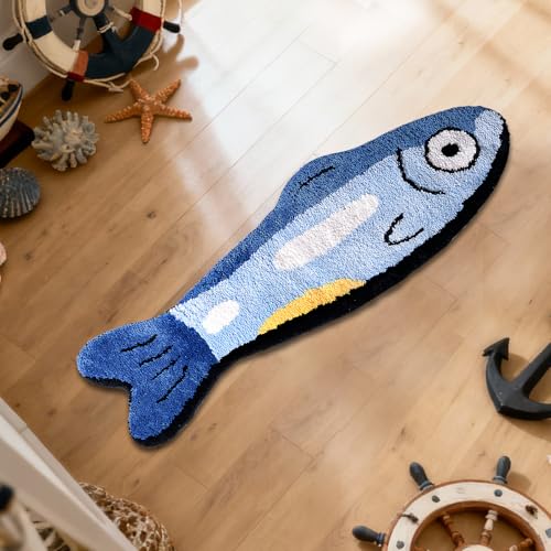 Fish Rug - Cute Fish Bath Mat Blue Bathroom Rugs Animal Pattern Fun Carpet, Non-Slip Plush Absorbent Bath Mats, Cool Carpet for Bedroom Living Room Shower Sink Bathtub Room Decor, 16"x 47"