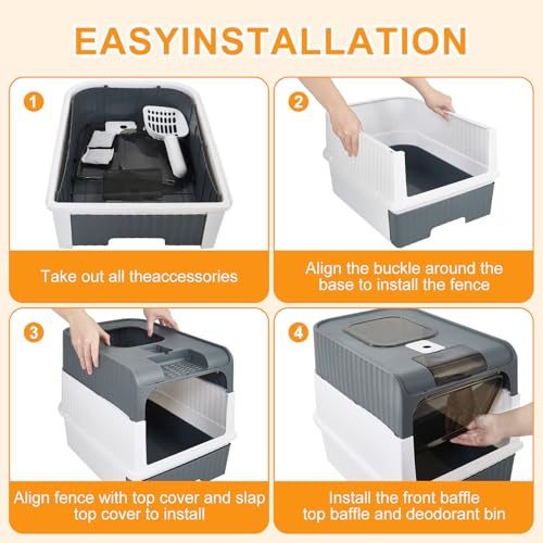 Cat Litter Box with Litter Mat, 18"x14"x13" Large Litter Box for Big Cats, Enclosed Removable Litter Boxs, Front Entry Top Exit Kitty Box, Odor Control, Easy to Clean (Grey)