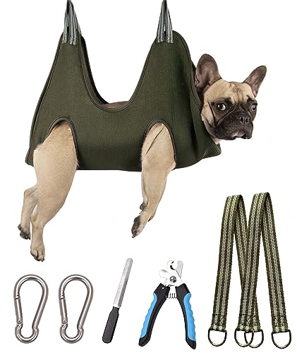 Kkiimatt 10 in 1 Dog Pet Grooming Hammock Harness with Nail Clippers/Trimmer, Nail File,Dog Nail Hammock, Dog Grooming Sling for Nail Trimming/Clipping (M/Under 45lb, Khaki Green) - color: Khaki Green, size: M/Under 36 lb
