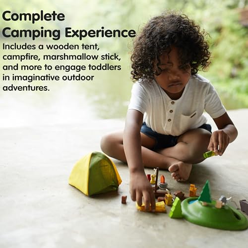 PlanToys Pretend Play Camping Set (6624) | Sustainably Made from Rubberwood and Non-Toxic Paints and Dyes | wooden camping play set, montessori imaginative role play, social skill development, open-ended adventure toys, kids toy - color: Toy