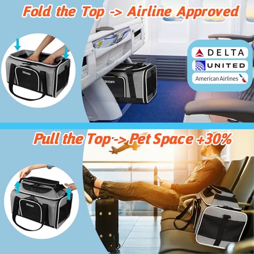 Top-Expandable Small Pet Carrier 18"x11"x11" Airline Approved | for Delta/American/United Airlines, Lockable Safety Zippers and Anti-Scratch Mesh, Soft-Sided, Pets Under 10 Lbs, Grey - color: Grey, size: 18.0"L x 11.0"W x 11.0"H