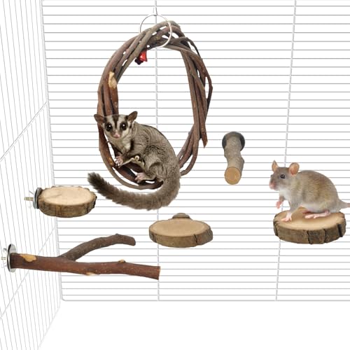 BNOSDM Sugar Glider Climbing Toys 2 Pack Nature Wood Rope Ladder Hanging Bridge Cage Accessories and 6 Packs Wooden Sugar Glider Cage Accessories Rat Climbing Toys with Swing Perch Stands Platforms