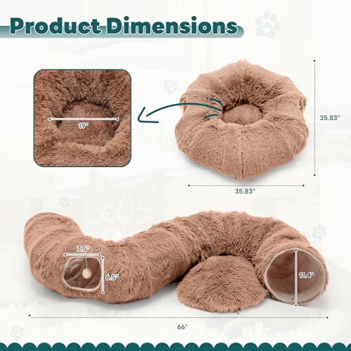 DUMOS Cat Tunnel Bed for Indoor Cats, Cave Donut Play Tunnel - Brown | Soft Plush Peekaboo, Washable Circle Cushion, Multifunctional Playground Under Tree Toys for Kittens, Puppy, Rabbit, Ferret - color: Brown