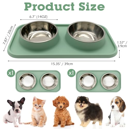 BNOSDM 2 Pcs Double Dog Food Bowls, Stainless Steel Small Dog Food and Water Bowls with Non-Spill Plastic Mat, Pet Cat Feeder Dish Set for Puppy Cats Kitten, Green - color: Green【Set of 2】