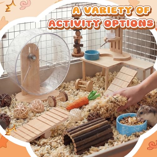 40 Pcs Hamster Cage Accessories, 9.5'' Exercise Wheel, Wood Platform Hideout House, Water Bottle, Sand Bath, Bowl, Chew Toy for Syrian Hamsters Mice Gerbils Habitat Decor (Natural Style) - style: Natural Style
