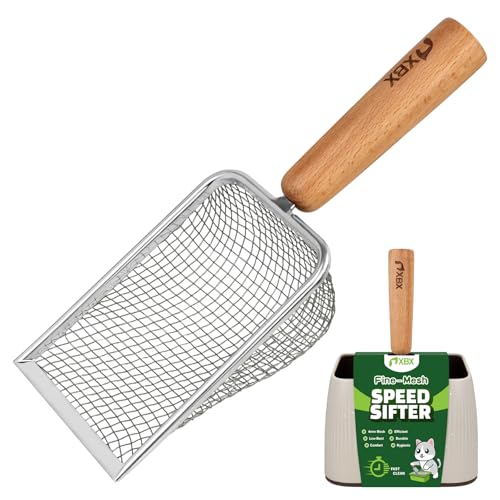 XBX Cat Litter Scoop with Holder – Metal Mesh Litter Scooper, Wooden Handle Fine Litter Scoop with Small Holes for Litter Box, Efficient Sifting and Easy Cleaning