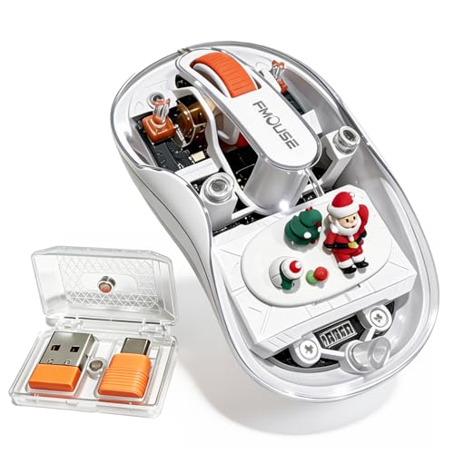FMOUSE Transparent Wireless Mouse, Tri-Mode Bluetooth & 2.4GHz, White | Santa Claus Figurines | USB-A & USB-C Receiver | Rechargeable | MacBook Laptop iPad PC | Silent Clicks | Portable | RGB - color: White - Christmas Special Edition