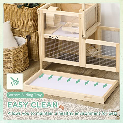 PawHut Extra Large Wooden Hamster Cage with Sliding Tray, Large Rat Mouse House, Small Animal Habitats with Openable Roofs, Wide Ramp for Racing, Running Wheel, Natural | Small Animal Habitats, Openable Roofs, Wide Ramp for Racing, Running Wheel