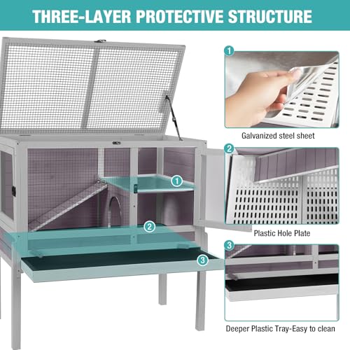 Guinea Pig Cage with Wooden Stand - Hamster Cage, Small Animal Cage Anti Chew Ramp, Hideout, Platform, Pull Out Tray (Grey, L) - color: Grey