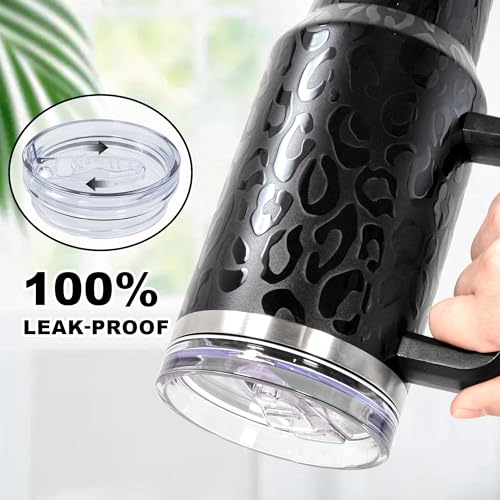 40 oz Tumbler with Handle and Straw, 100% Leak-Proof Travel Mug, Stainless Steel Double Wall Vacuum Insulated Coffee Cup Keeps Cold For 34 Hours, Full Black Leopard - color: Full Black Leopard