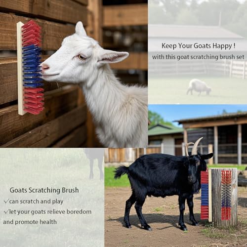 4 PCS Livestock Scratching Brush Goat Scratcher Brushs Post with 20 Screws,Wooden Goats Brush Goat Toys for Goats,Sheep,Pigs,Cow,Horses,Goat Care Supplies(Red)