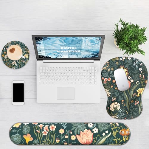 Ergonomic Mouse Pad with Wrist Rest and Keyboard Wrist Rest, Gel Mousepad | Wrist Rest for Computer Keyboard, Pain Relief, Non-Slip PU Base, Mouse Pad Wrist Support for Gaming, Office, Green Flower - color: Green Flower