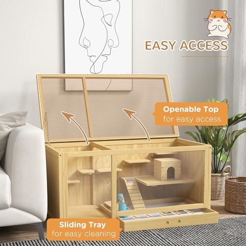 PawHut Wooden Hamster Cage, Extra Large Gerbil Cage, Multi-Layer Small Animal Cage for Dwarf Hamster, Activity Center with Pull-Out Tray, Seesaws, Water Bottle, Ladder, Openable Top | Gerbil Habitat, Multi-Layer Small Animal Cage, Activity Center, Seesaws