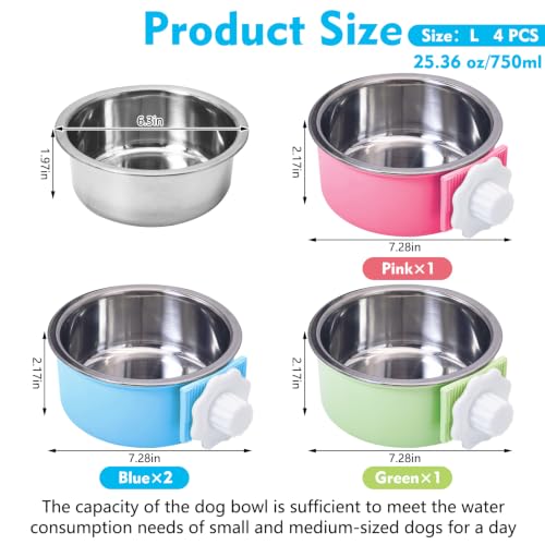 kathson Crate Dog Bowl, Removable Stainless Steel Hanging Pet Cage Bowl Food & Water Feeder Coop Cup for Cat, Puppy, Birds, Rats, Guinea Pigs (4 PCS, Size: L, 2×Blue,1×Pink,1×Green) - color: Size: L (2×Blue, 1×Pink, 1×Green), size: 4 PCS
