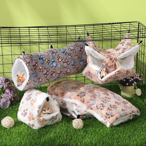 Abbylike 9 Pieces Rat Hammock 3 Tier Guinea Pig Ferret Hammocks Small Pet Hanging Tunnel Glider Toy Guinea Pig Ferret Hideout Bed Cage Accessories for Hamster(Light Brown, White, Black,Paw) - color: Light Brown, White, Black