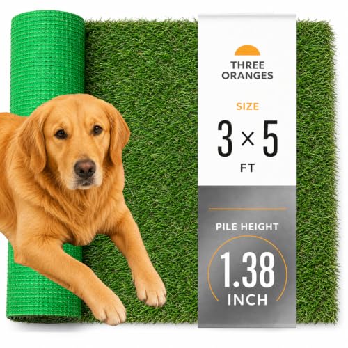 THREE ORANGES Artificial Grass Outdoor 3x5 FT, 1.35 Inch Thick Soft Fake Grass Turf Mat with Drainage Holes, Artificial Turf Grass Rug for Dogs, Balcony Patio Garden Lawn - size: 3X5FT