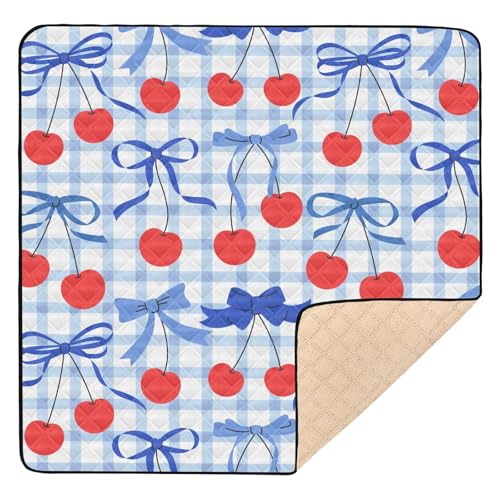 Baby Play Mat Checkered Cherries Bows Blue 50 x 50 Playpen Mat Baby Play Mats for Floor Play Gym Crawling Mat Non-Slip Cushioned Baby Playmat for Infants, Babies, Toddlers - color: Multi