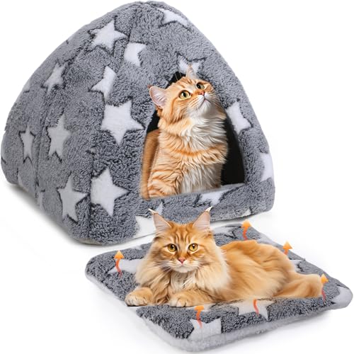 Cat Bed for Indoor, Self Warming Cozy Cat House Cave Bed Kitten Tent for Small Pets Hideout with Self Heating Mat Soft Removable Washable Cushion for Puppy Bunny Small and Medium Pet - size: 16 x 16 Inch