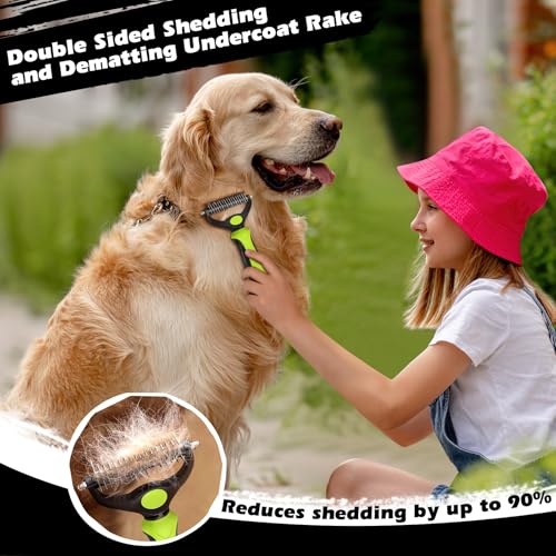 Professional 3PCS Self Cleaning Slicker Brush & Pet Grooming Rake & Flea Comb for Dogs,Cats and Horses | Double-Sided Dematting Comb & Skin Friendly Deshedding Grooming Tool | Pet Supplies (Green) - color: Green