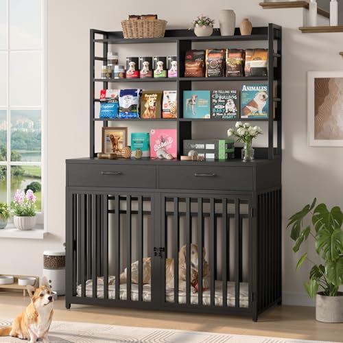 Keyluv 71''H x 47.2''W Large Dog Crate Furniture with 4-Tier Shelves and 2 Storage Drawers, Heavy Duty Dog Cage Furniture with 2 Doors, Wood & Metal Dog Kennel Indoor for Small/Medium/Large Dog, Black - color: Black