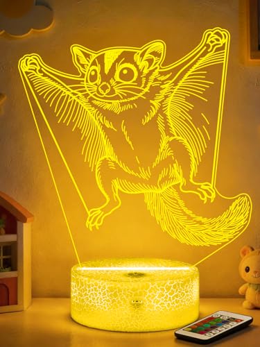 Sugar Glider 3D Night Light for Kids, LED 16 Colors Remote Control Changing Touch Dimmable Table Desk Lamp, Cute Animal Gifts forSugar Glider Lovers Animal Fans - color: Color E