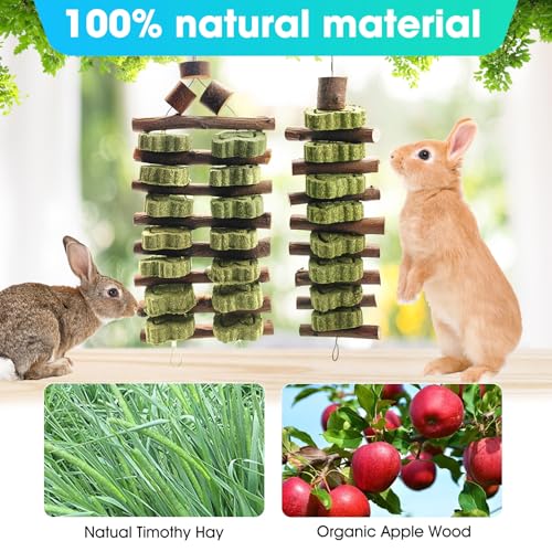 WDEFUN Natural Apple Wood Clover Cake Teeth Grinding Toy String - Rabbit Snack Chewing Toy, Safe and Durable Pet Teeth Grinding Rod, Caring for Dental Health - size: 2 Pcs Large Grinding Toy String