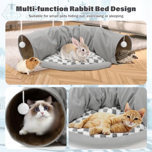 BWOGUE Bunny Tunnel Bed, 2-in-1 Rabbit Tunnel Hideout with Mat, Gray | Removable Mat for Washing, Ball Toy for Play, Tunnel Tubes for Hiding, Soft Suede Fabric, Cats Rabbits Guinea Pigs - color: Gray
