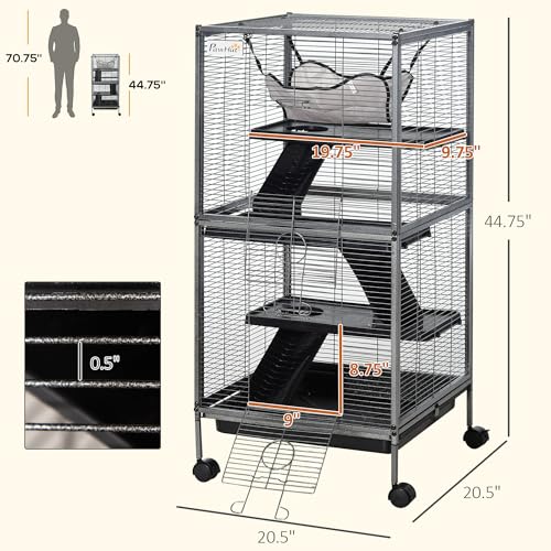 PawHut Metal Small Animal Cage, 4-Tiers Rolling Big Ferret Cage, Gray | with Hammock, Removable Tray, for Chinchilla, Sugar Glider - color: Grey, size: 20.5"L x 20.5"W x 44.8"H