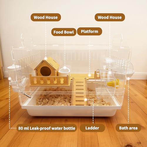 Acrylic Hamster Cage, 2-Tier Hamster Cage with Wooden Accessories for Dwarf Syrian Hamsters,14"x10"x*11" Clear Pet Mice Small Hamster Habitat Gerbils House