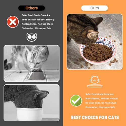 Cat Food Bowl, 8 Pack Ceramic Cat Dishes for Food & Water, Kitten Bowls Set | 5.5" Shallow Feeding Bowls for Wet Meals, Kibble & Water, Whisker Friendly Wide Plates for Cats, Dishwasher & Microwave Safe - size: Boho–8 Pack